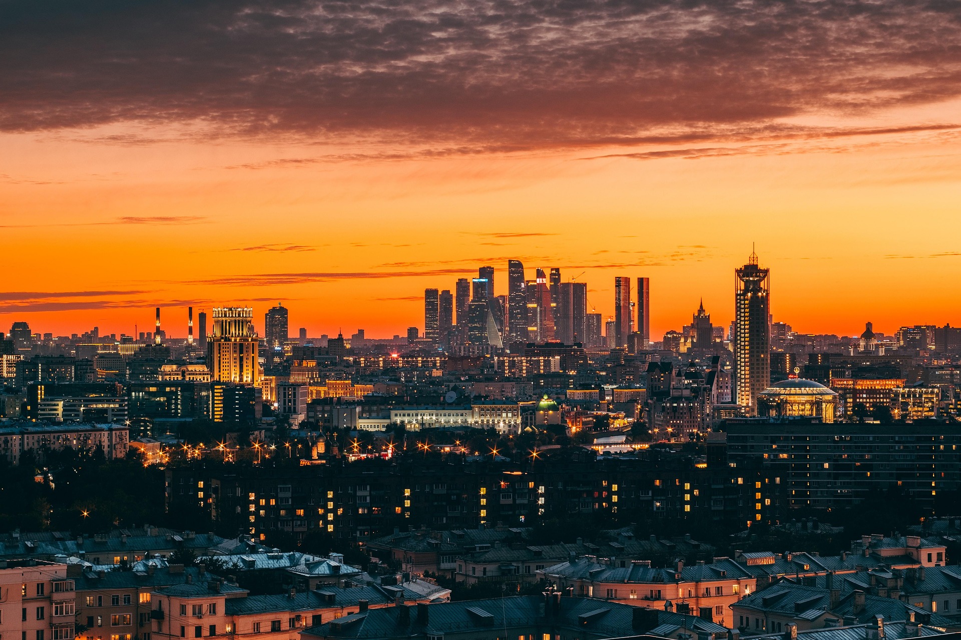City skyline at sunset